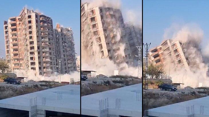 Hatay'da 16'şar katlı iki bina böyle yıkıldı